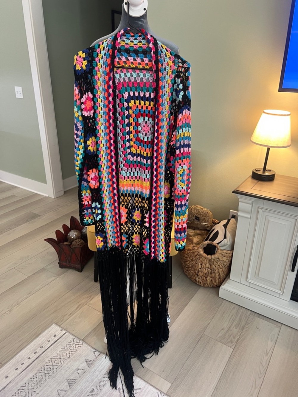 Boho Multicolor Crochet Fringe Cape - Black Trim
